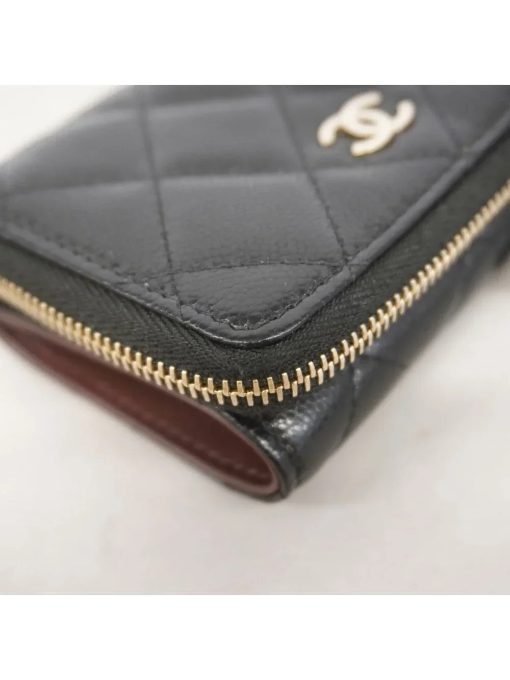 Chanel Trifold Wallet Quilted Caviar Leather Black Champagne Gold